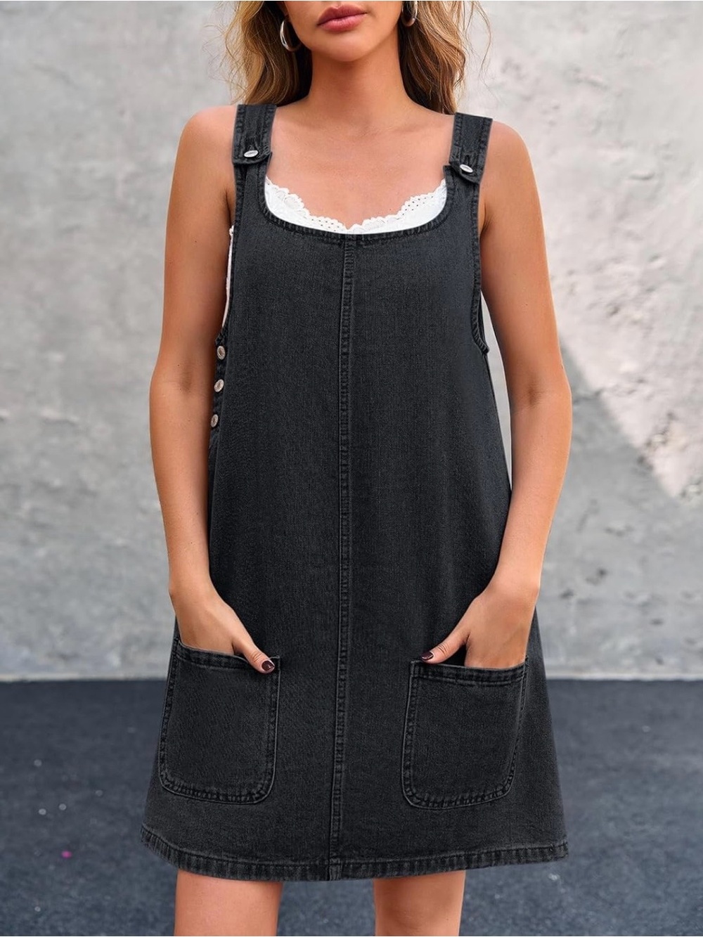 Women's Black Denim Pinafore Dress - Casual Pocket Jumper